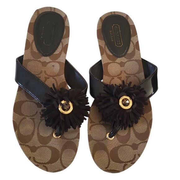 Coach Shoes - Coach Suki Fringe SZ 6B Sandals Flower Signature Thong Flip Flop Brown Y2K Style